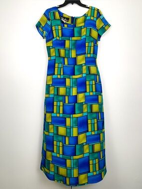 90s geometric maxi dress by Meghan Elisse blue & green Mondrian print size 9/10